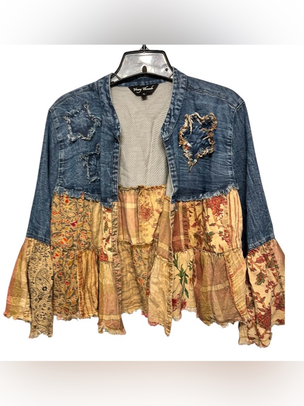 YOUNG THREADS Patchwork Denim Boho Jacket w/ Ruffle Frayed Hem Size:Large